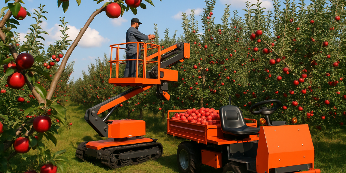 Modern tracked aerial work platform revolutionizes fruit picking in orchards, replacing traditional ladders for safety and efficiency.