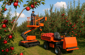 Modern tracked aerial work platform revolutionizes fruit picking in orchards, replacing traditional ladders for safety and efficiency.