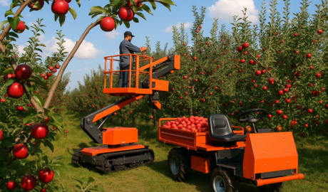 Modern tracked aerial work platform revolutionizes fruit picking in orchards, replacing traditional ladders for safety and efficiency.